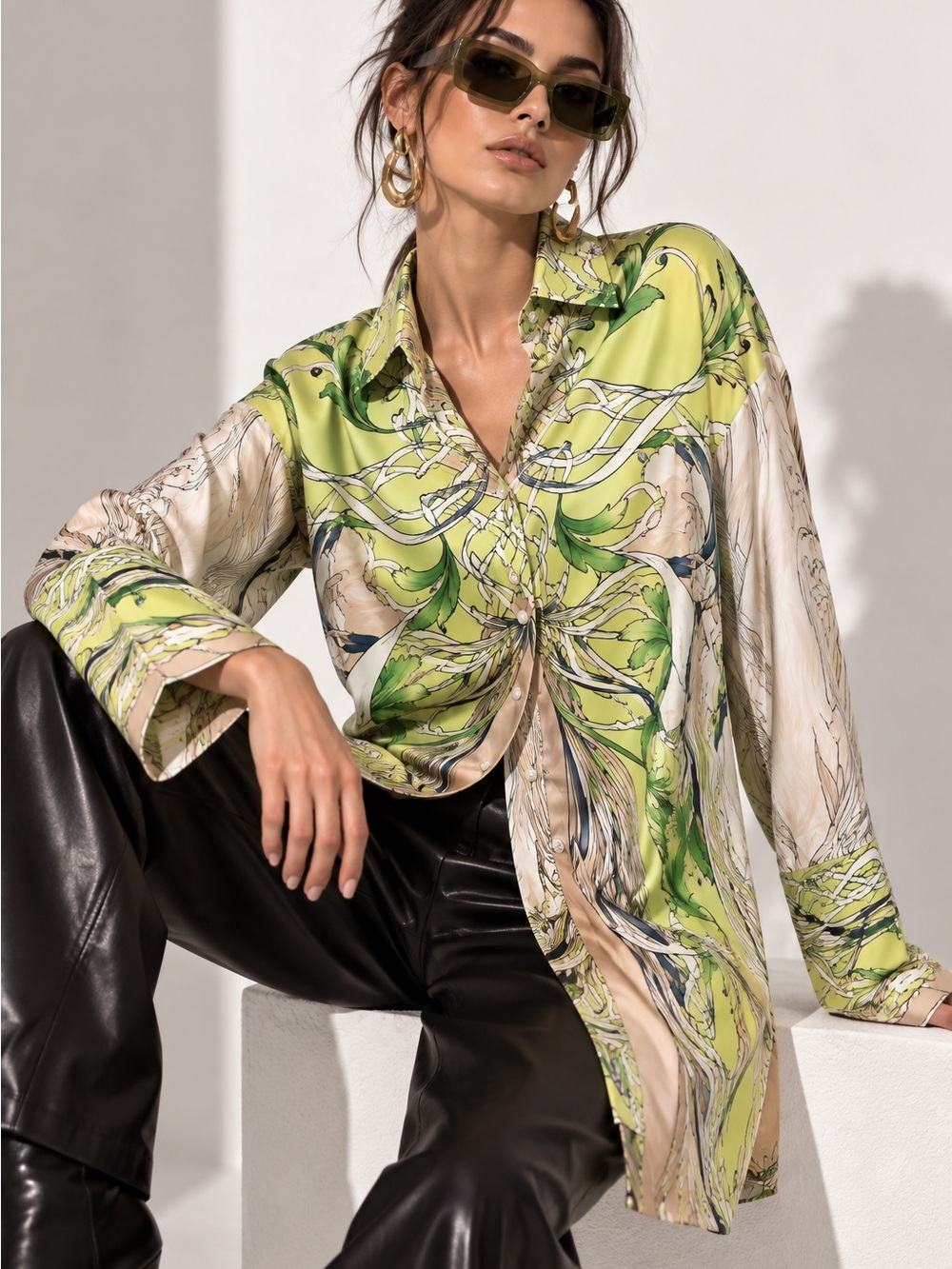 BCBGMAXAZRIA Scarf Print Blouse 42 Lime Green Oversized Satin Shirt Avant Garde